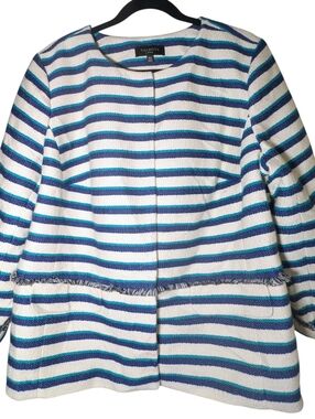 Talbots EUC Striped Tweed Fringe Jacket Blue Teal 16W